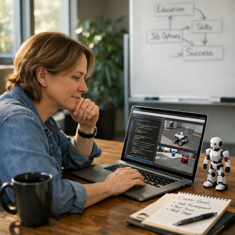 Career coach reviewing robotics development platforms on laptop in modern office with natural lighting