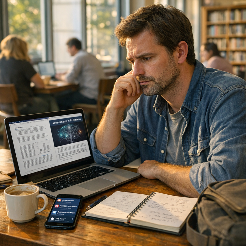 Tech researcher at desk reviewing AI research papers with social media notifications on screens showing rapid information spread in modern office setting