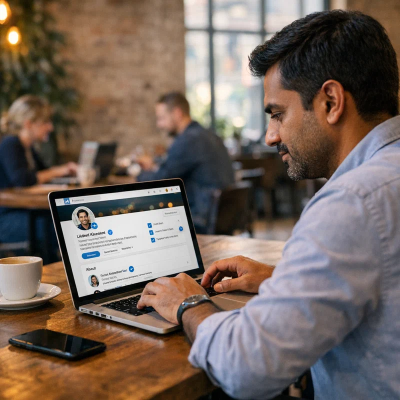 Professional working at laptop in modern co-working space reviewing LinkedIn profiles with verification badges displayed on screen