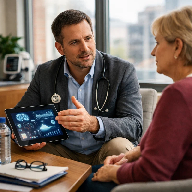 Healthcare professional in modern clinic reviewing AI-generated medical information on tablet while consulting with patient in comfortable, well-lit consultation room