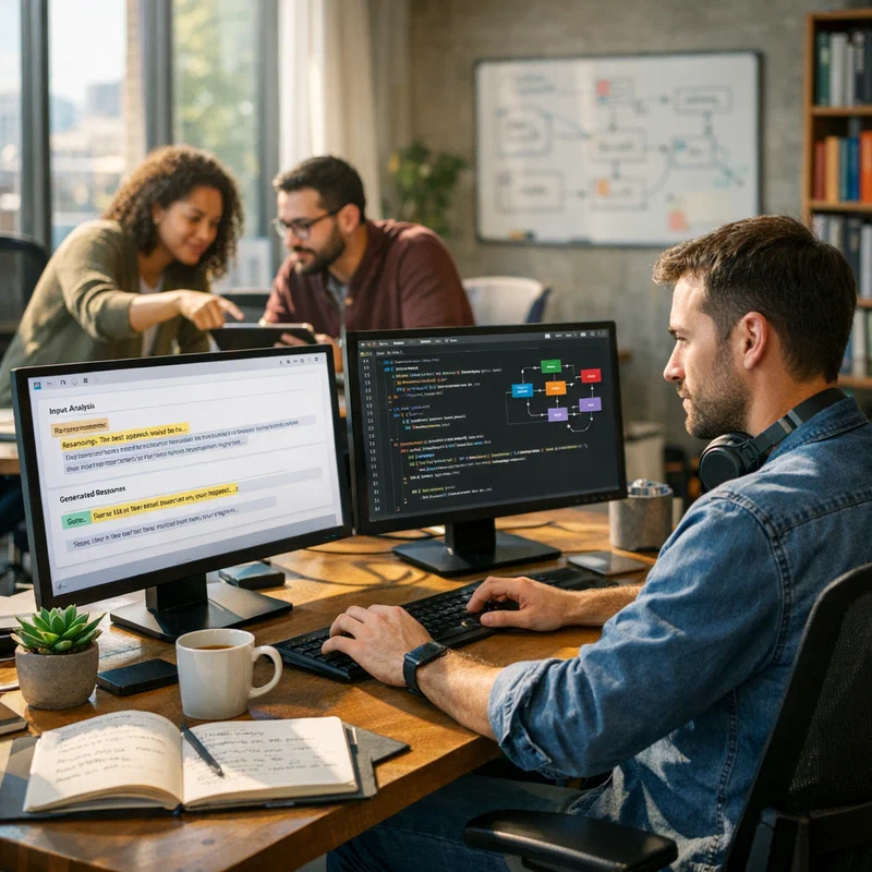Prompt engineer working in modern collaborative workspace with colleagues reviewing AI model outputs on multiple screens showing thinking process visualizations