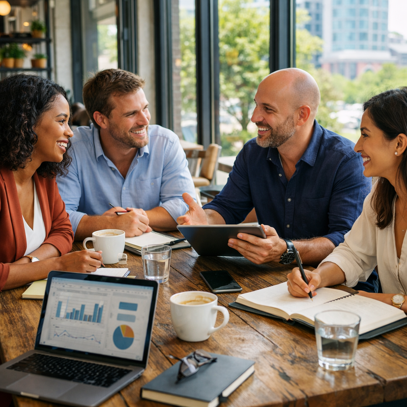 Leadership team in a bright, naturally lit co-working cafe space reviewing change management strategies on a laptop, with coffee cups and notebooks scattered on a rustic wooden table, casual professional attire, genuine collaborative discussion, soft morning light streaming through large windows