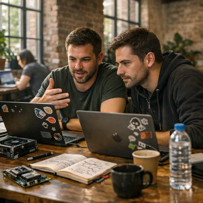 Two developers working intently on laptops in a modern co-working space with exposed brick walls and natural lighting from large windows, surrounded by hardware equipment and coffee cups, having an animated technical discussion over their screens