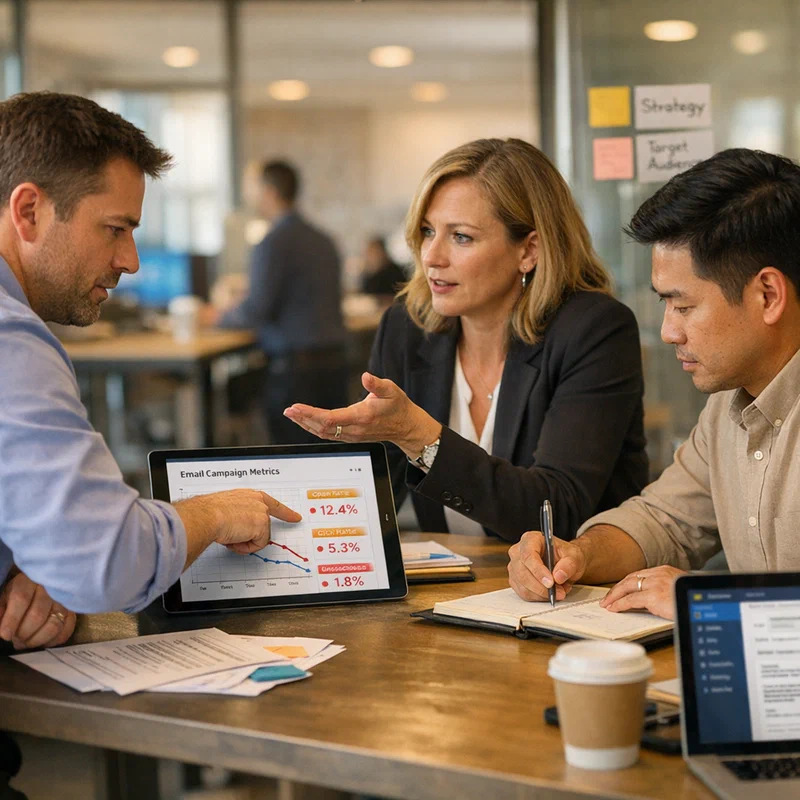 Corporate marketing team reviewing email analytics in modern office with natural lighting