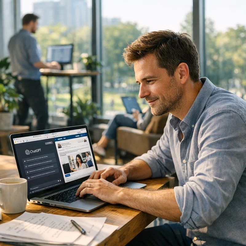 Professional reviewing AI-generated recommendations on a laptop in a modern co-working space