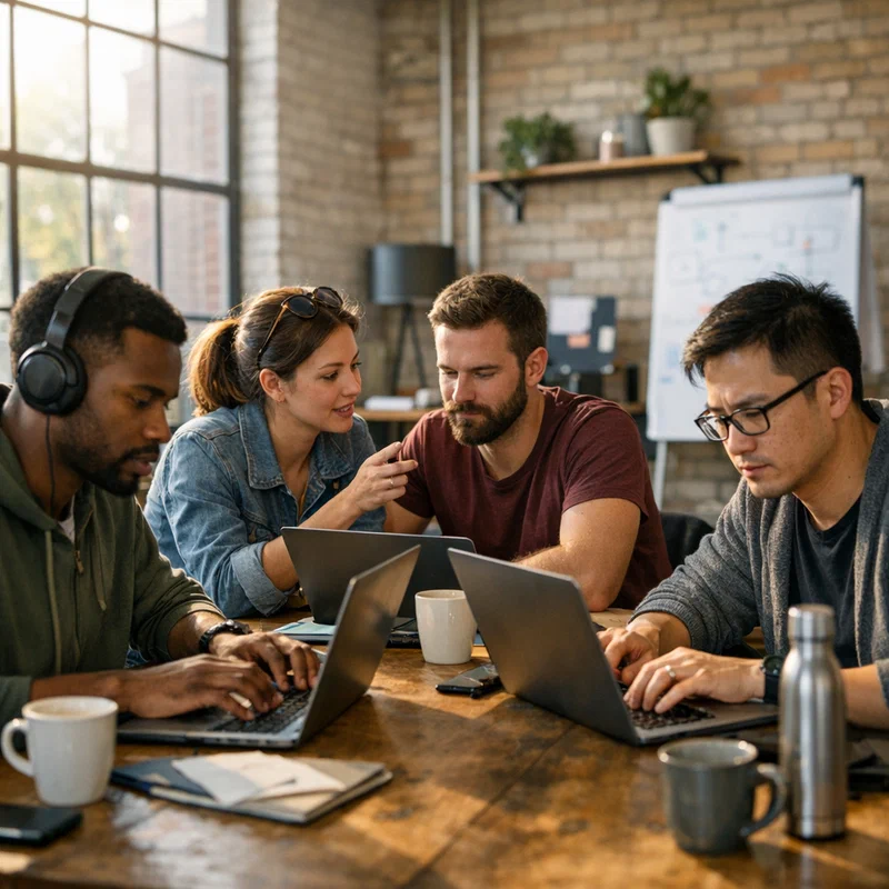 Modern diverse professionals working on laptops in a bright, collaborative workspace