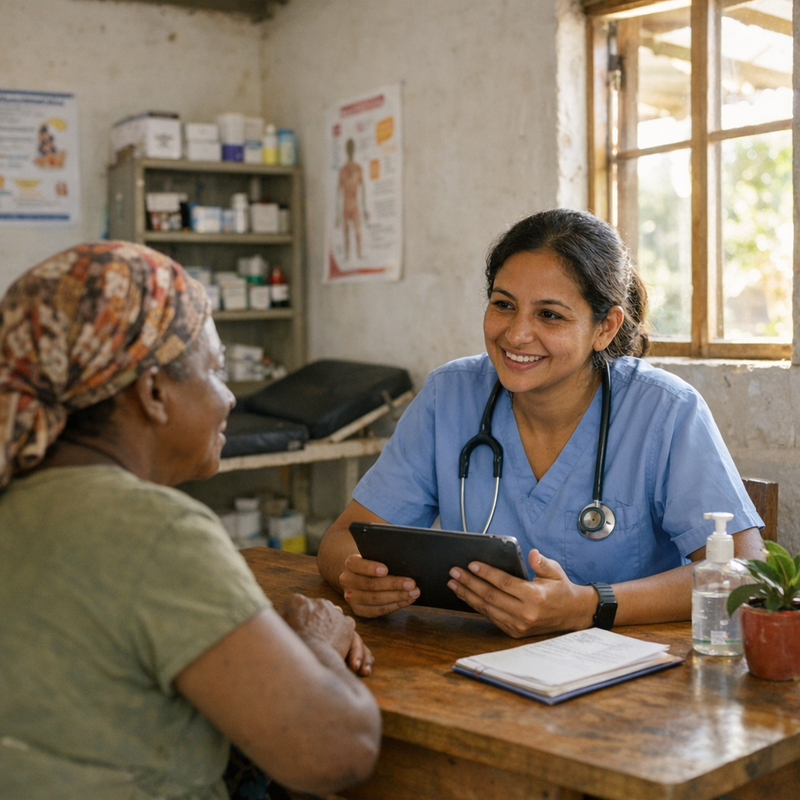 A community health worker sitting at a simple wooden desk in a bright, naturally-lit rural clinic with whitewashed walls and open windows, using a tablet computer to consult with a patient seated across from them, medical supplies organized on shelves in the background, morning sunlight streaming through, capturing a genuine moment of healthcare delivery