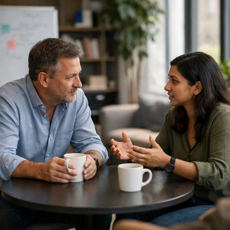 Manager having one-on-one conversation with employee in natural office setting, showing genuine concern and engagement over coffee in modern collaborative workspace
