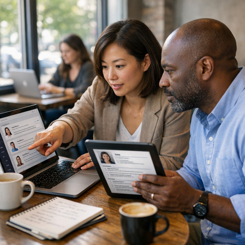 Two professionals reviewing candidate profiles on a laptop in a modern coffee shop with natural lighting