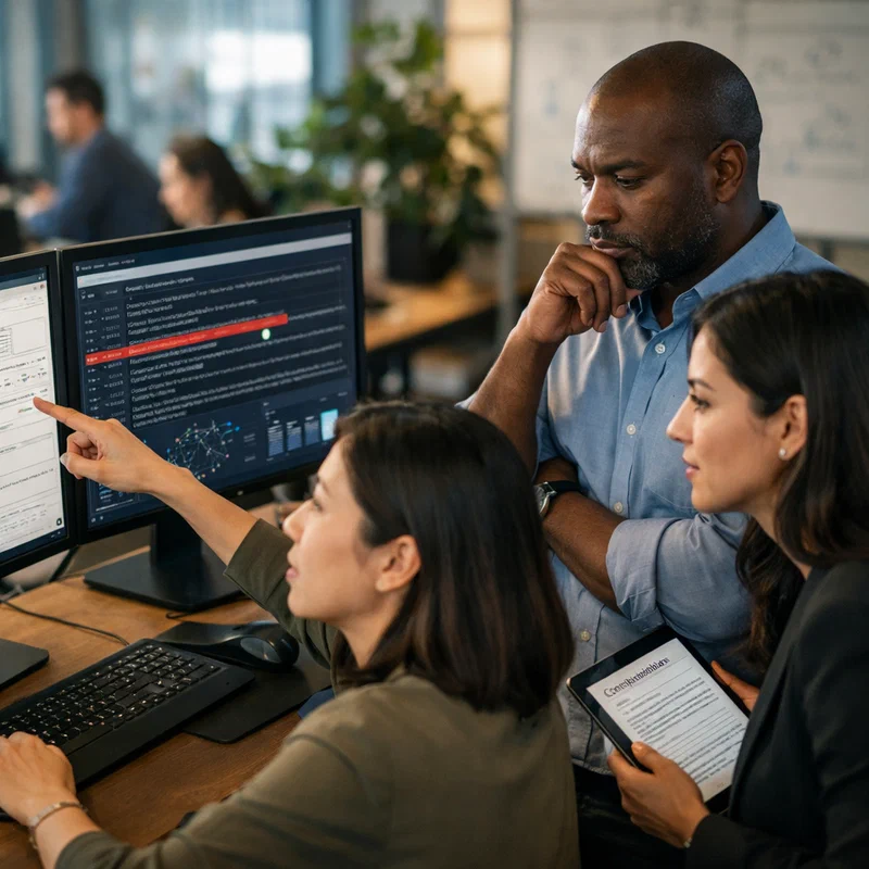 Business professionals reviewing AI system logs in a modern office setting