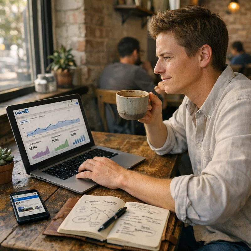 Professional reviewing LinkedIn analytics in a sunlit cafe workspace