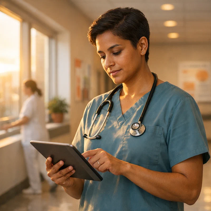 Healthcare professional reviewing patient data on tablet in a naturally lit hospital corridor