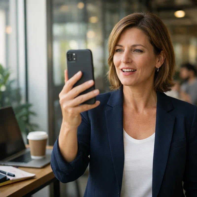 Corporate professional recording short-form video content in modern office setting