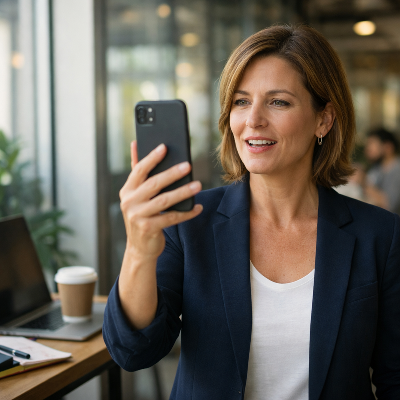 Corporate professional recording short-form video content in modern office setting