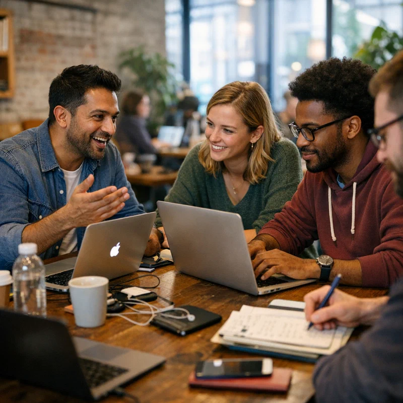 Small startup team collaborating in modern coworking space with laptops and coffee