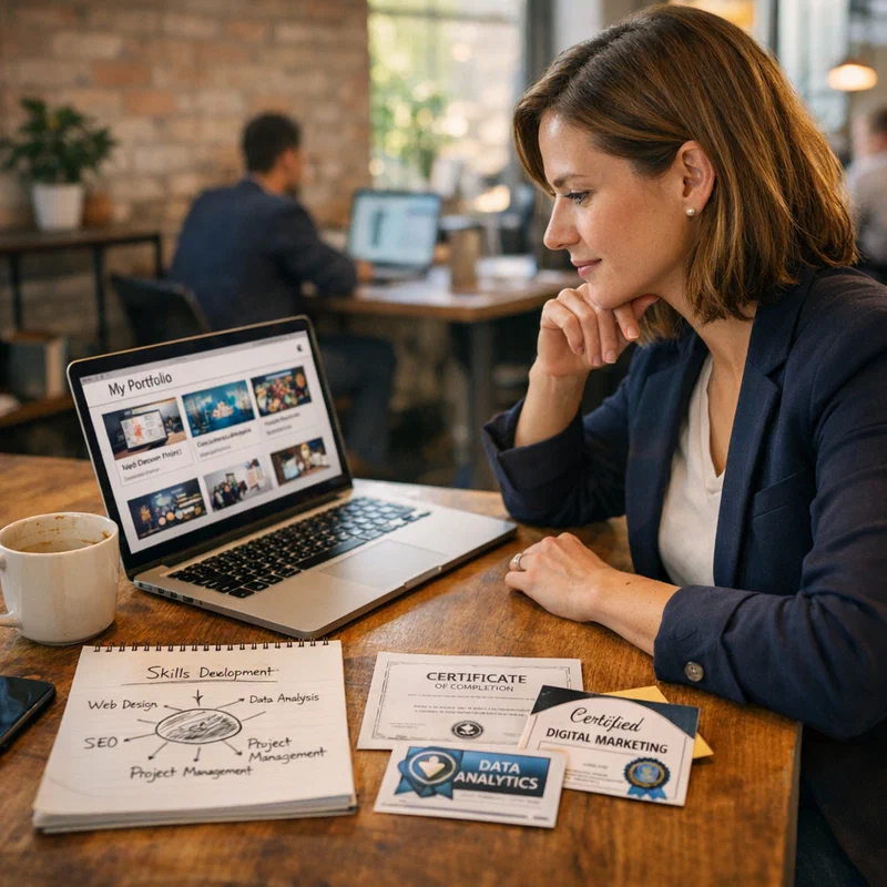 Professional reviewing skills portfolio in modern workspace