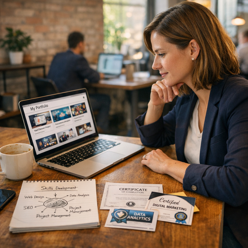 Professional reviewing skills portfolio in modern workspace