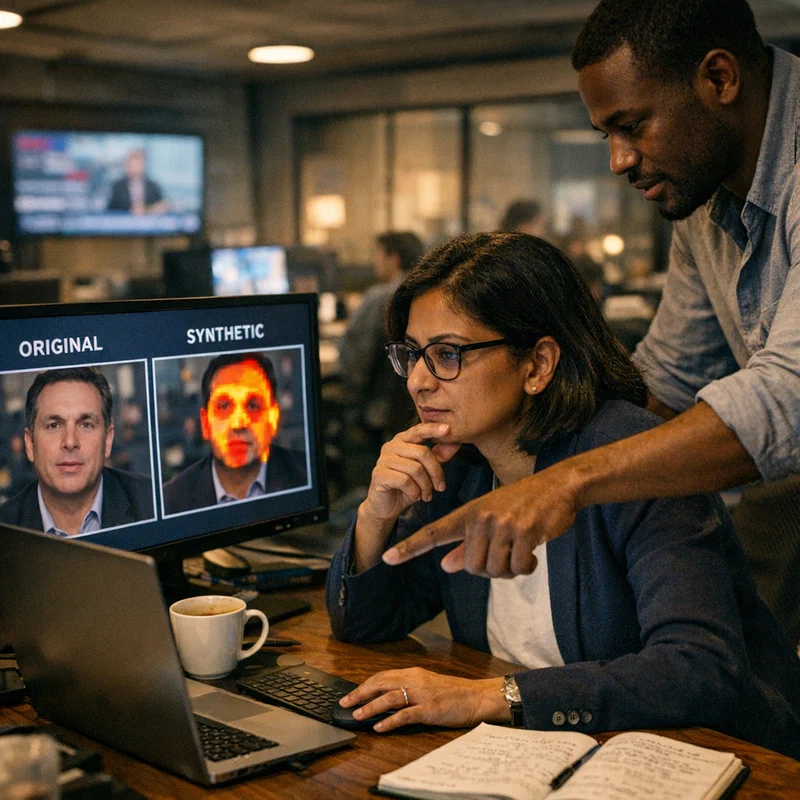 Journalist examining AI-generated deepfake footage on a laptop in a busy newsroom