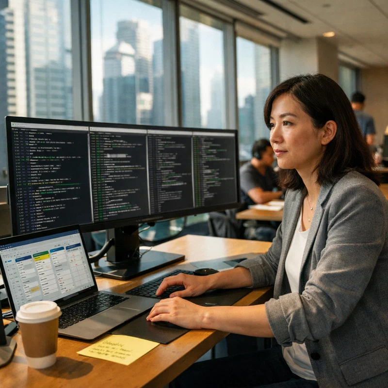 A product manager reviewing multiple code review windows on a large monitor in a modern co-working space