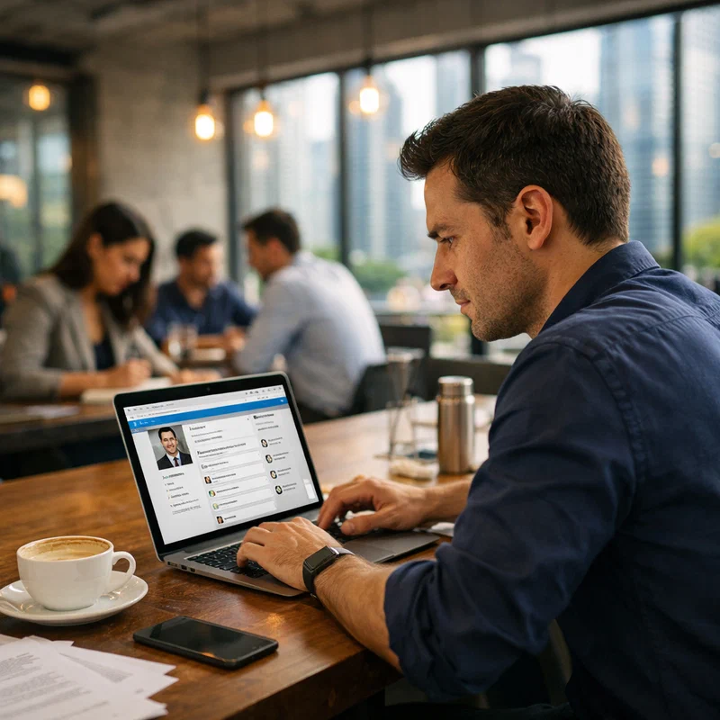Professional working on laptop in a busy co-working space, LinkedIn profile visible on screen, natural afternoon light