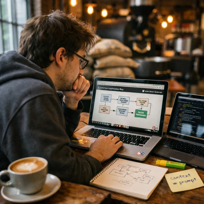 A prompt engineer reviewing an AI context architecture diagram on a laptop in a modern co-working space