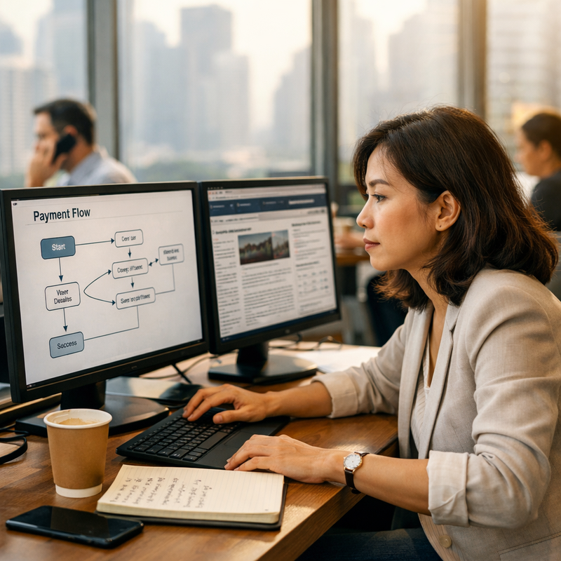 A fintech product manager reviewing dashboards and payment flow diagrams on dual monitors in a modern Singapore co-working space, with morning light streaming through floor-to-ceiling windows
