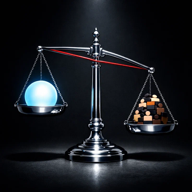 A chrome justice scale with one pan holding a glowing algorithm sphere and the other holding stacked human silhouettes reduced to flat tokens, the scale tipping despite apparent symmetry
