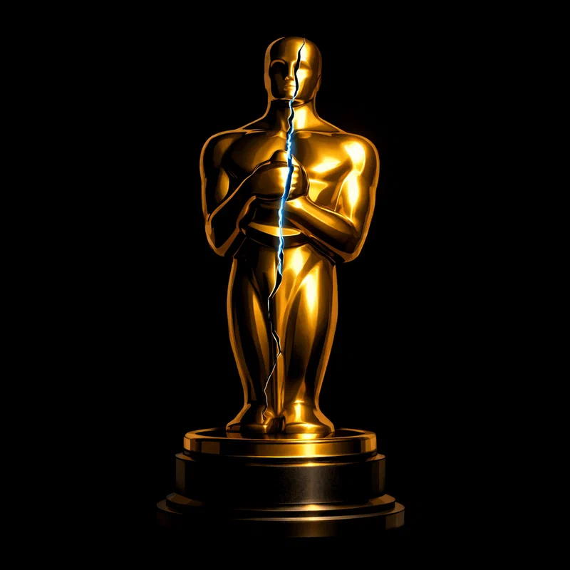 A hairline fracture running through the center of a gleaming award trophy, barely visible but unmistakable upon close inspection, set against a deep black background with dramatic chiaroscuro lighting