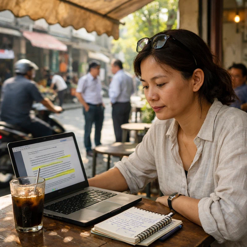 A fintech policy analyst reviewing regulatory documents on a laptop at an open-air café in Ho Chi Minh City, surrounded by the buzz of a modern commercial district