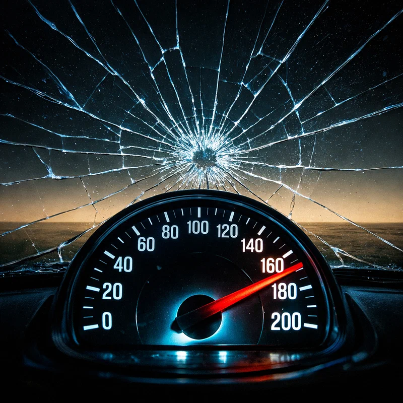 A classic speedometer with its needle pinned at maximum, viewed through a cracked windshield showing a static horizon