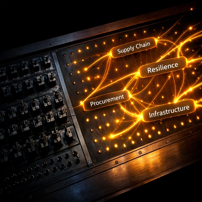 A conceptual illustration of LinkedIn's feed algorithm rewiring — an old mechanical routing board replaced by a neural network of interconnected semantic pathways