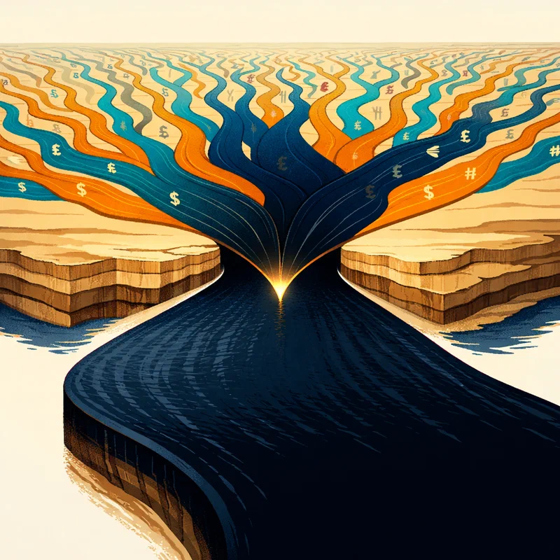 A visual metaphor of Southeast Asia's fintech ecosystem: multiple digital payment currents converging from diverse regional markets into increasingly concentrated channels, rendered as a cross-section showing flowing tributaries merging into a single wide river