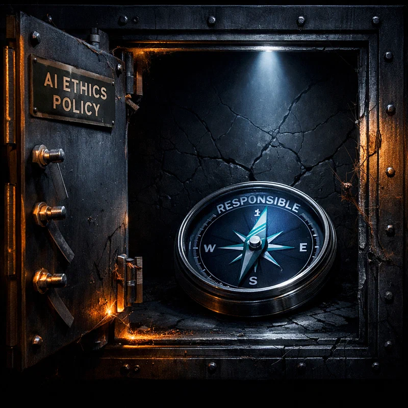 A gleaming ethical compass enclosed in a cracking government vault, the needle pointing toward 'responsible' while the vault's door swings open from external force, dramatic chiaroscuro lighting