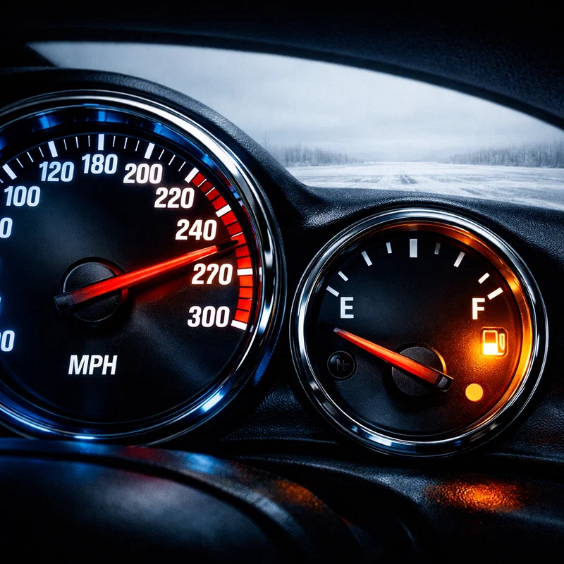 A vehicle dashboard in dramatic close-up: speedometer needle pinned deep in the red zone at maximum while a fuel gauge beside it reads near-empty, with a frozen grey landscape visible through the windshield, dark cockpit interior lit by neon-blue dashboard light with a single warm amber glow from the depleted gauge