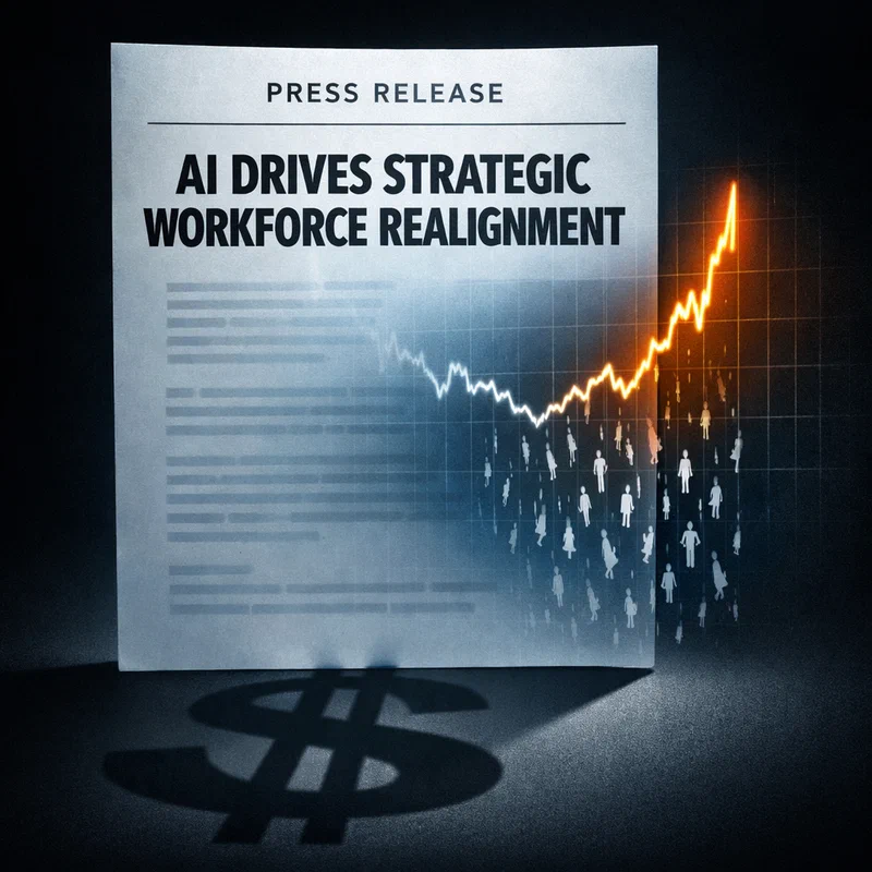A translucent corporate press release document stamped 'AI Drives Strategic Workforce Realignment', revealing through its surface a rising stock chart and a cascade of tiny falling human silhouettes, casting a dollar-sign shadow — dramatic chiaroscuro in charcoal and ice-blue with warm amber accent
