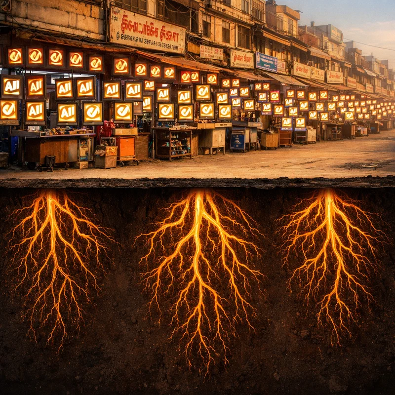 A two-tier structure: the surface level showing rows of AI subscription icons with check marks, while beneath the surface a much smaller number of roots go deep into the ground — representing adoption vs. mastery.