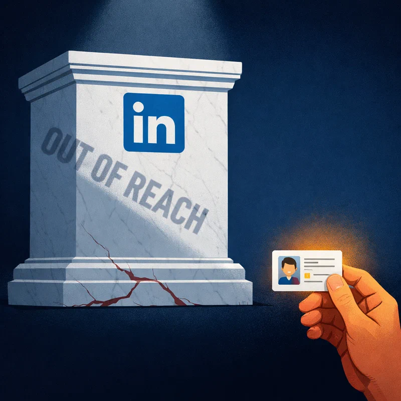 A grand corporate pedestal engraved with a LinkedIn badge stands empty in darkness, while a single human hand holds up a glowing personal profile badge in the foreground