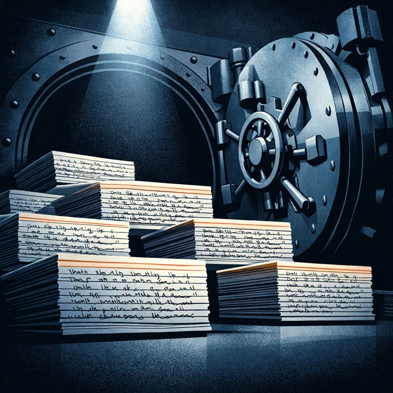 A cracked open vault revealing neat stacks of handwritten instruction cards instead of gold, spotlight from above, deep shadow surroundings, cool steel blue and amber palette