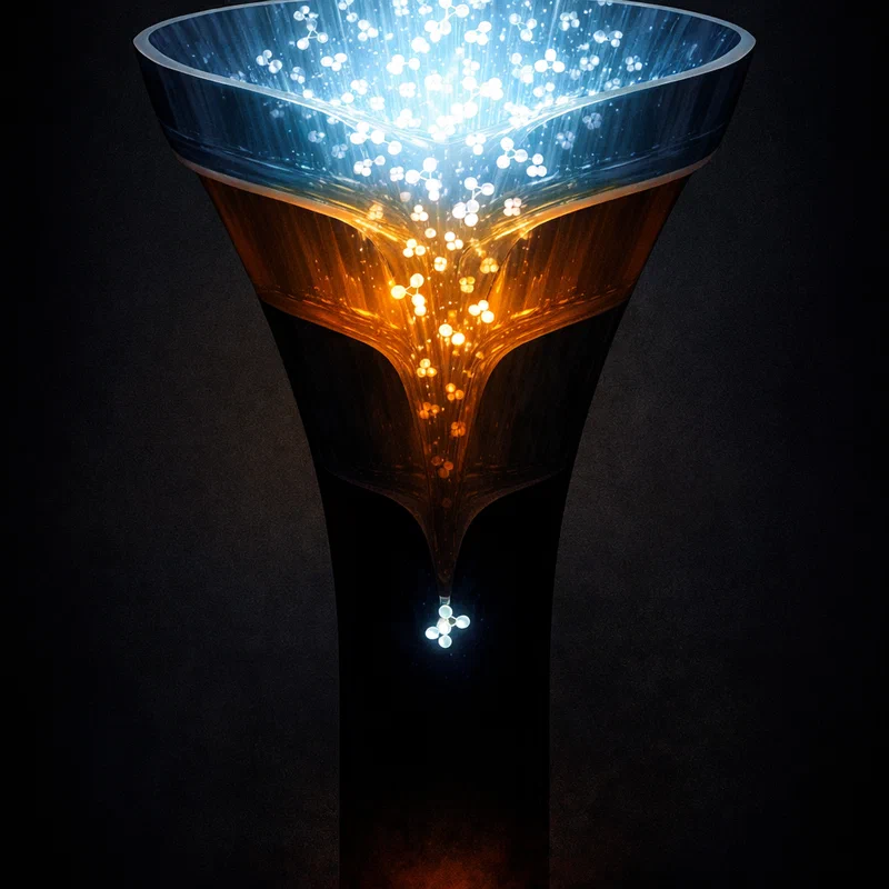 A drug development pipeline rendered as a narrowing funnel — wide and luminous at the top where AI-accelerated discovery pours in candidates, then dramatically constricting as the funnel reaches the third phase, where no AI drug has yet emerged.