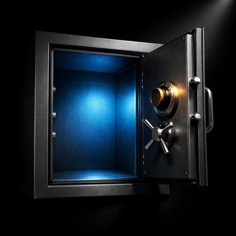 A locked safe with its door hanging open, revealing an empty interior — the security infrastructure is intact but the asset is already gone
