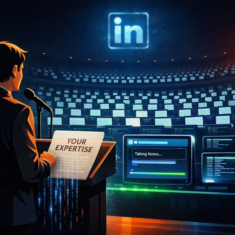 An editorial illustration depicting two audiences for LinkedIn content: a human professional in the foreground and an abstract AI neural network structure in the background, both reading from the same glowing document