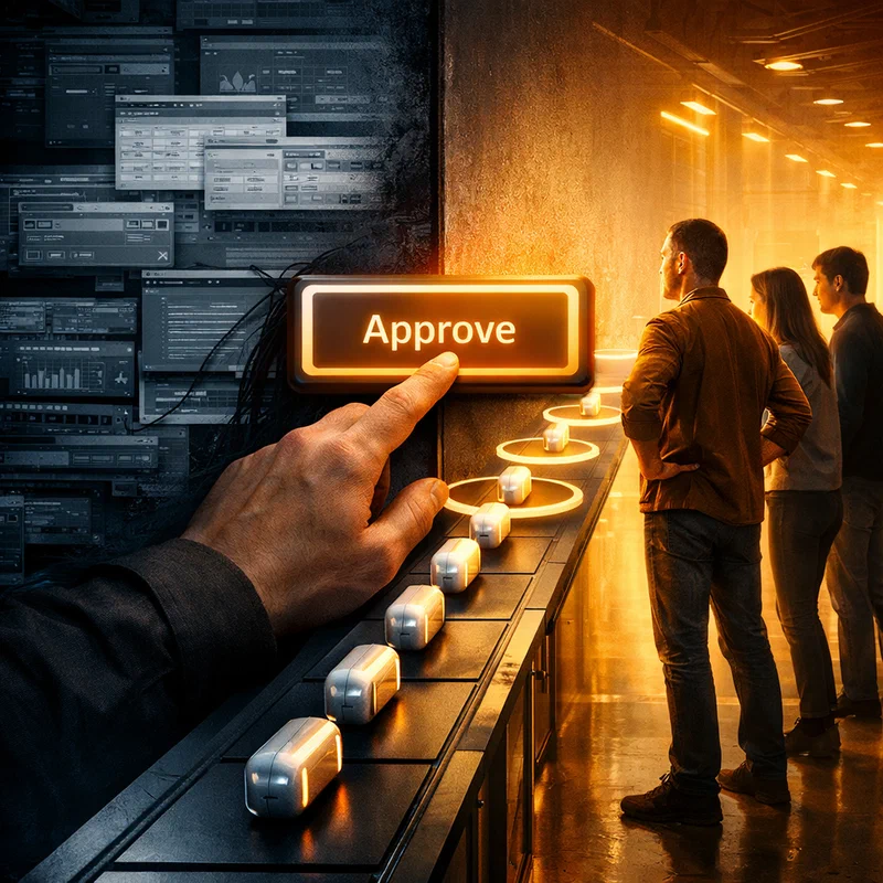 A split editorial scene: on one side a maze of old software dashboards with tiny buttons; on the other side a clean command console where human prompts trigger supervised AI agents moving tasks through checkpoints.