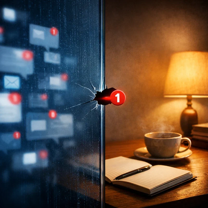 A split-scene photo-illustration: cool blue work notifications pressing against a clear glass boundary on one side, warm evening home space with a notebook and tea on the other, with one opening that symbolizes intentional access for true urgency