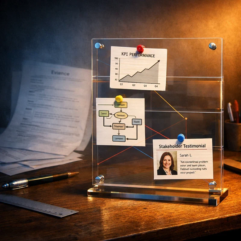 A photo-illustration of a career toolkit: resume pages fading in the background while a clear layered evidence board in the foreground shows project outcomes, artifacts, and endorsements connected by lines