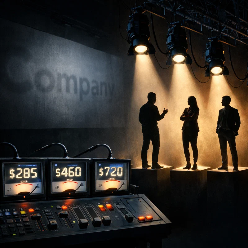 A polished corporate billboard fades into the background while a small circle of identifiable expert voices is spotlighted under studio lighting, with a visible pricing meter attached to the spotlight rig