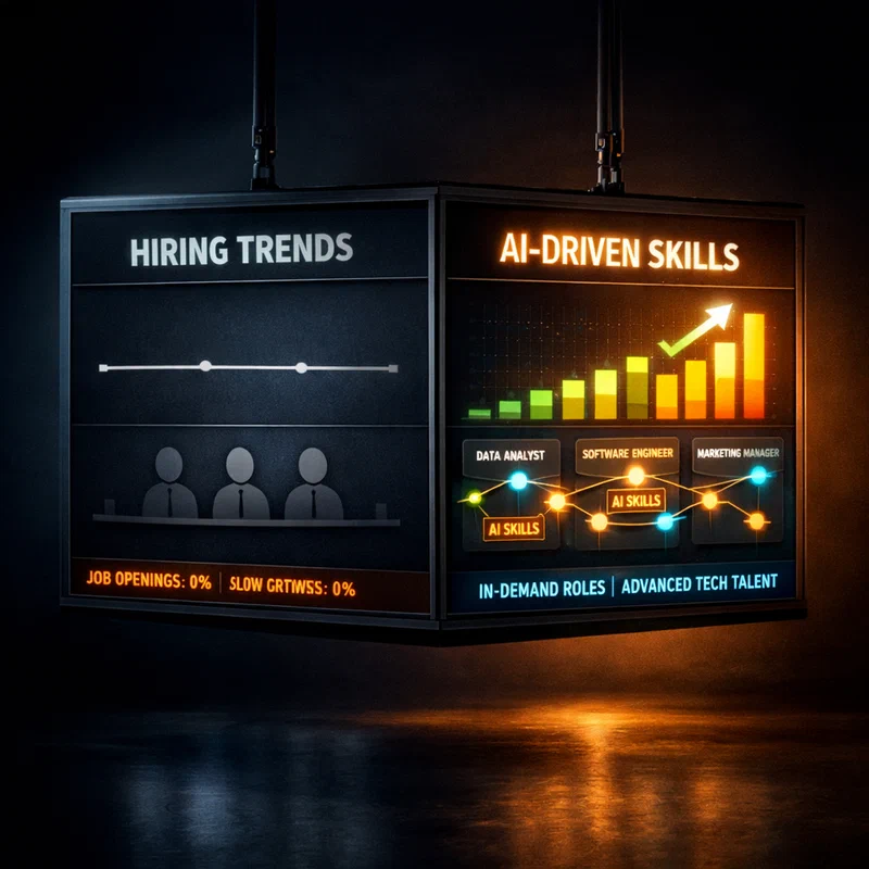 A split-screen labor market visualization where one side shows dim, stalled hiring indicators and the other shows bright rising AI-skill demand signals across occupations
