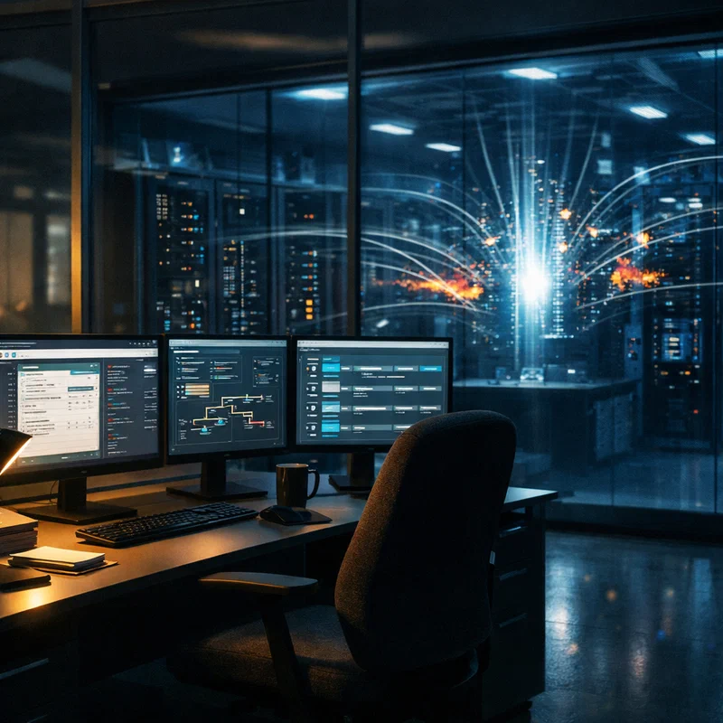A split-scene newsroom-style photograph: on one side a bright command center where autonomous workflow agents route tasks across glowing dashboards, on the other side a dim archive room stacked with anonymized employee activity logs and keyboard heatmaps; dramatic warm-cool lighting contrast, high-detail documentary realism