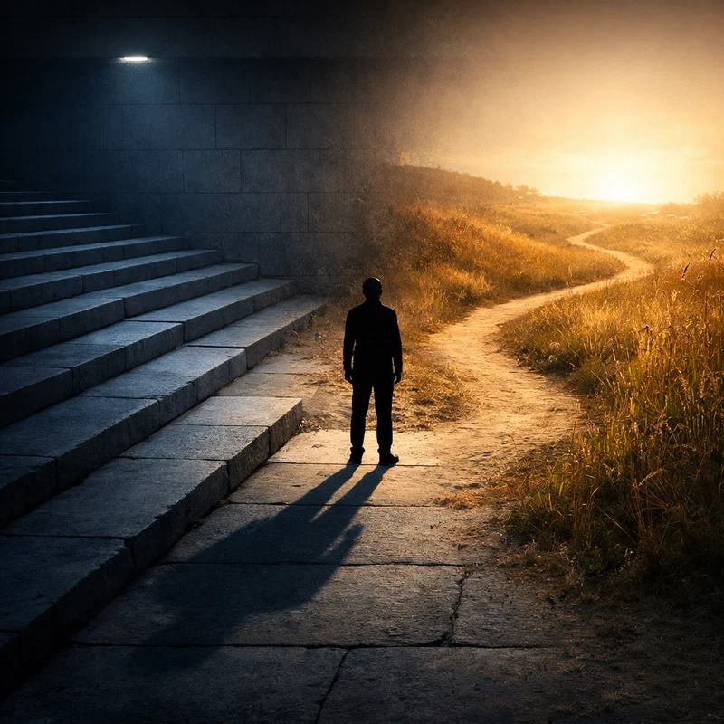 A formal stone staircase gradually transforms into an organic winding path through a warm landscape, with the transition point sharply lit — cool blue tones on the rigid staircase left, warm amber on the living path right, a single human silhouette standing at the threshold
