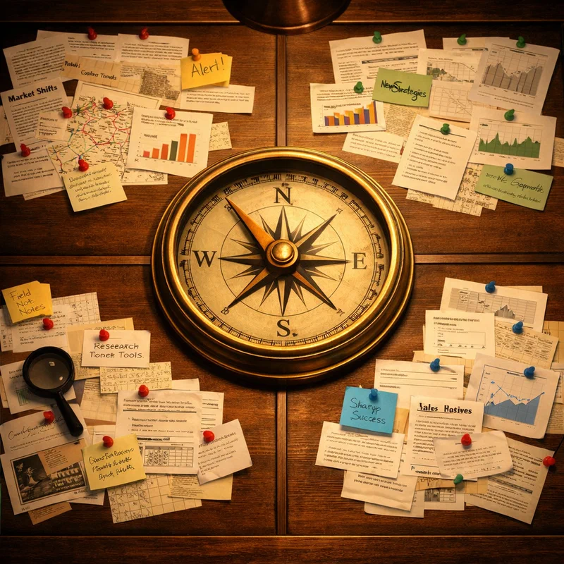 A well-lit editorial map table with precisely pinned article clippings, data printouts, and annotated signals arranged around a central compass — a curator's command center making sense of a complicated month