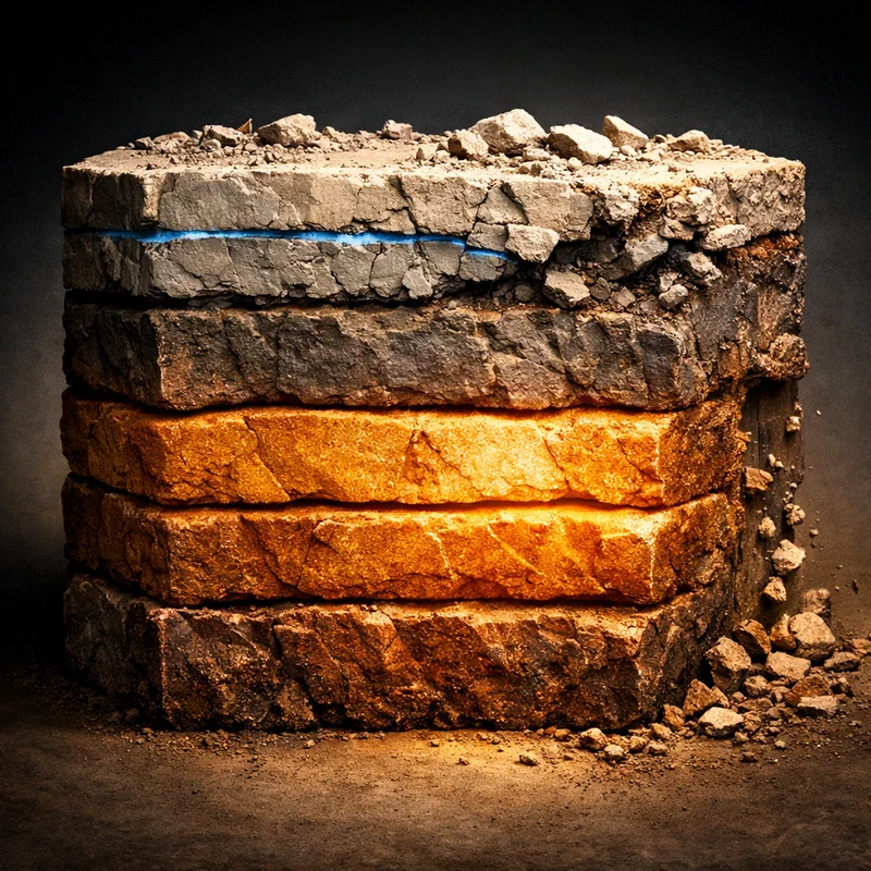 A cross-section of geological strata showing layers of accumulated sediment, with the top layer visibly eroding while deeper foundational layers remain intact — representing perishable skills on the surface versus durable career assets at the core